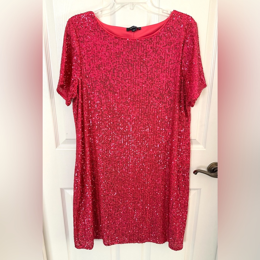 MSK Hot Pink Sequined Short Sleeve Cocktail Dress Size Large